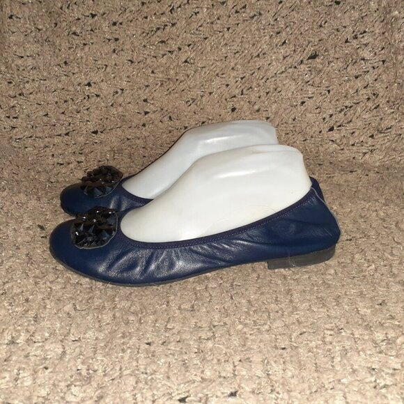 Vintage Y2k LOZZI-Navy Leather Ballet Flats/Pyramid Studs-Italy-Sz 40-Near Mint - Picture 2 of 8